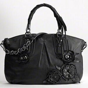 Coach Madison Sophia Black Leather Flower Embellished Shoulder Bag